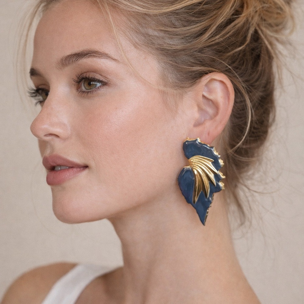 Vintage Blue Enamel Gold Tone Leaf Statement Earrings Large Retro Designer Style